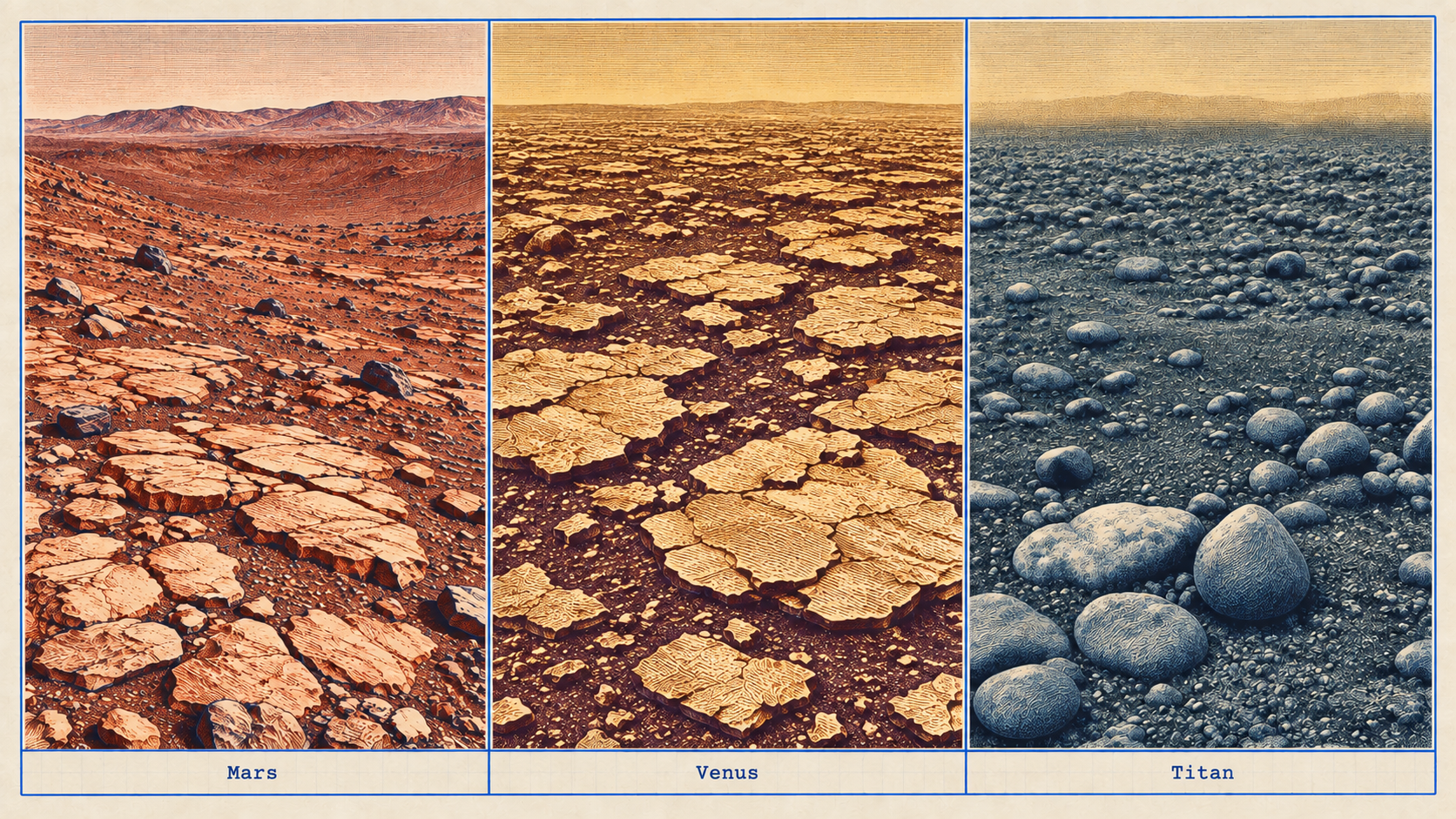 Mars, Venus and Titan, drawn after surface photographs by NASA/JPL-Caltech/MSSS, the Soviet Venera 13 lander, and ESA/NASA/JPL/University of Arizona. Colors are illustrative.