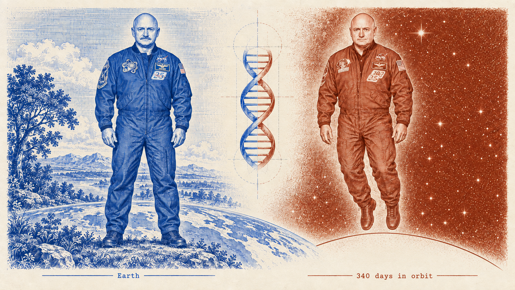 Mark Kelly (left) stayed on Earth while Scott Kelly (right) spent 340 days in orbit. Drawn after a NASA photograph by Robert Markowitz.