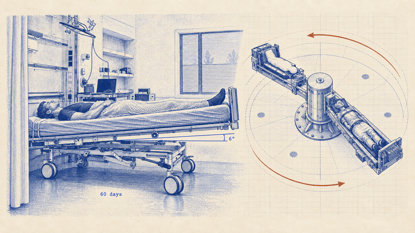 Sixty days in bed, tilted six degrees head-down, and the short-arm centrifuge used in the same study. Drawn after DLR photographs.