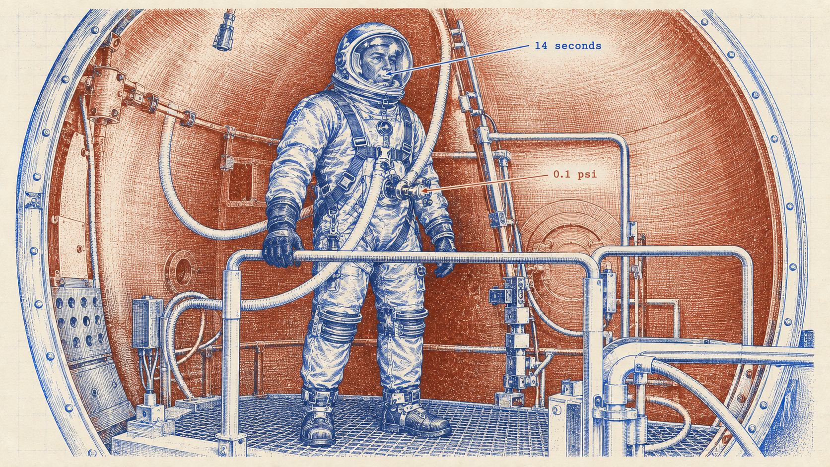 Jim LeBlanc’s pressure-suit test in a vacuum chamber, 1966. Drawn after NASA test footage.