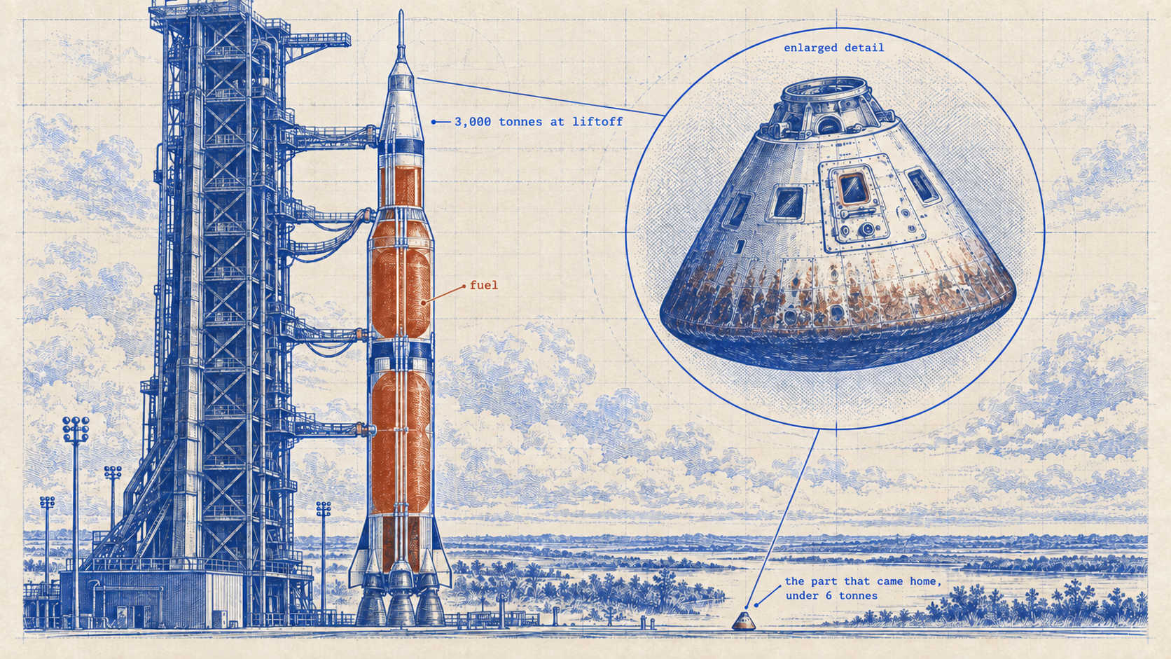 Most of a rocket’s weight on the pad is fuel. Only the small capsule came home. The circle shows it enlarged.