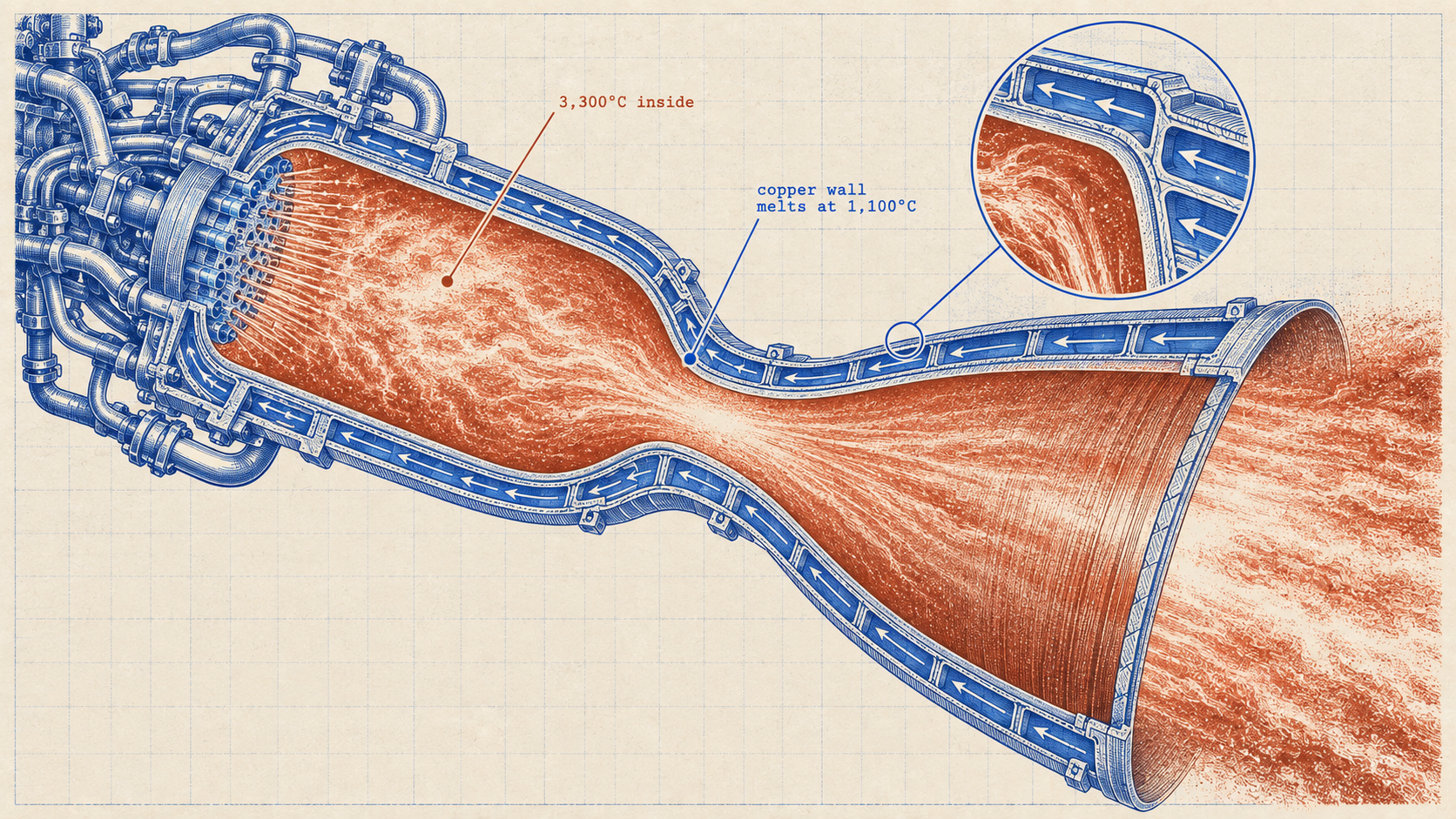 The engine survives because its fuel runs through channels in the chamber wall before it burns. A conceptual cutaway, not a construction drawing.