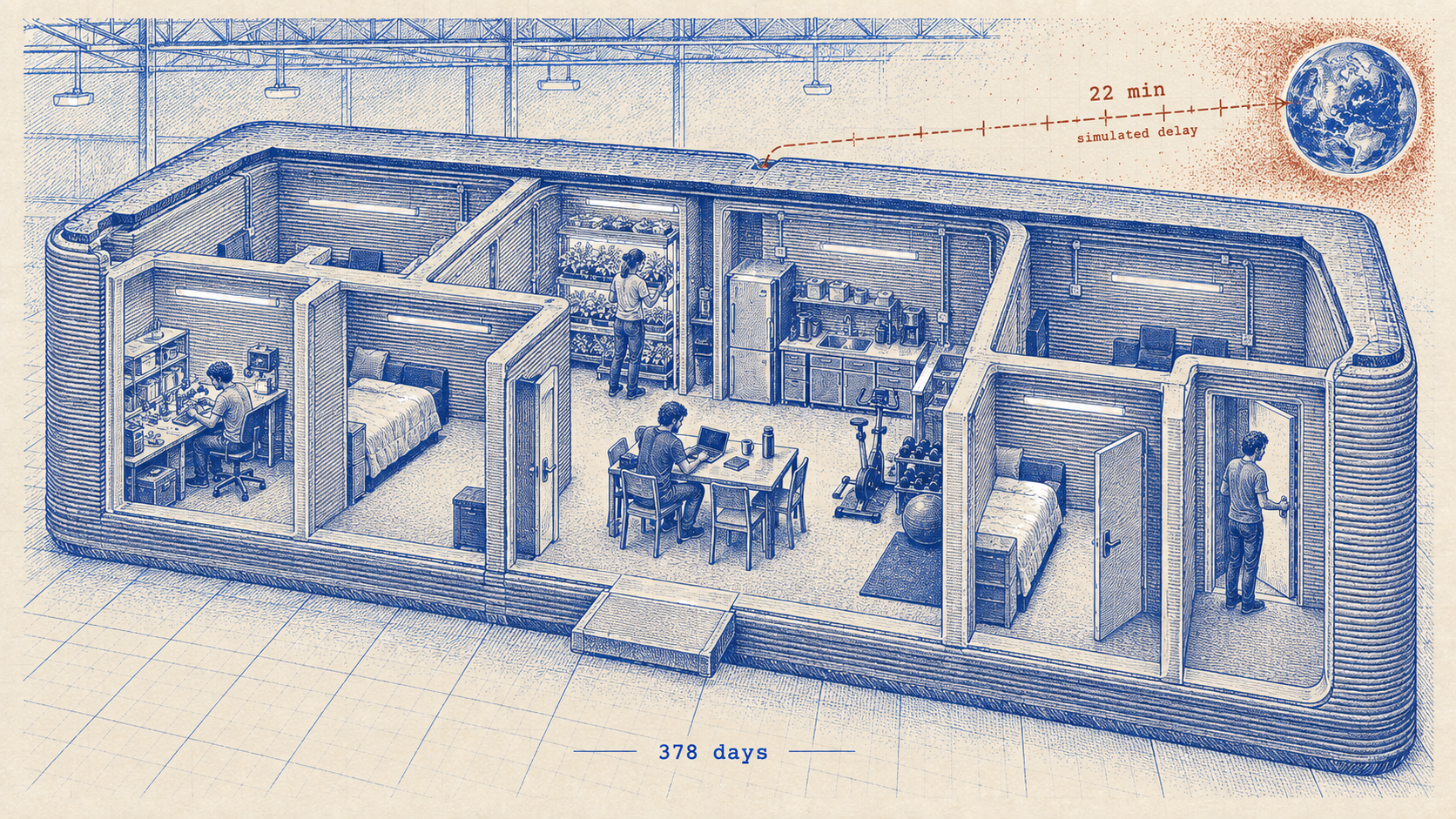 Mars Dune Alpha, the CHAPEA habitat at NASA’s Johnson Space Center in Houston. An interpretive cutaway after a NASA photograph by Bill Stafford.