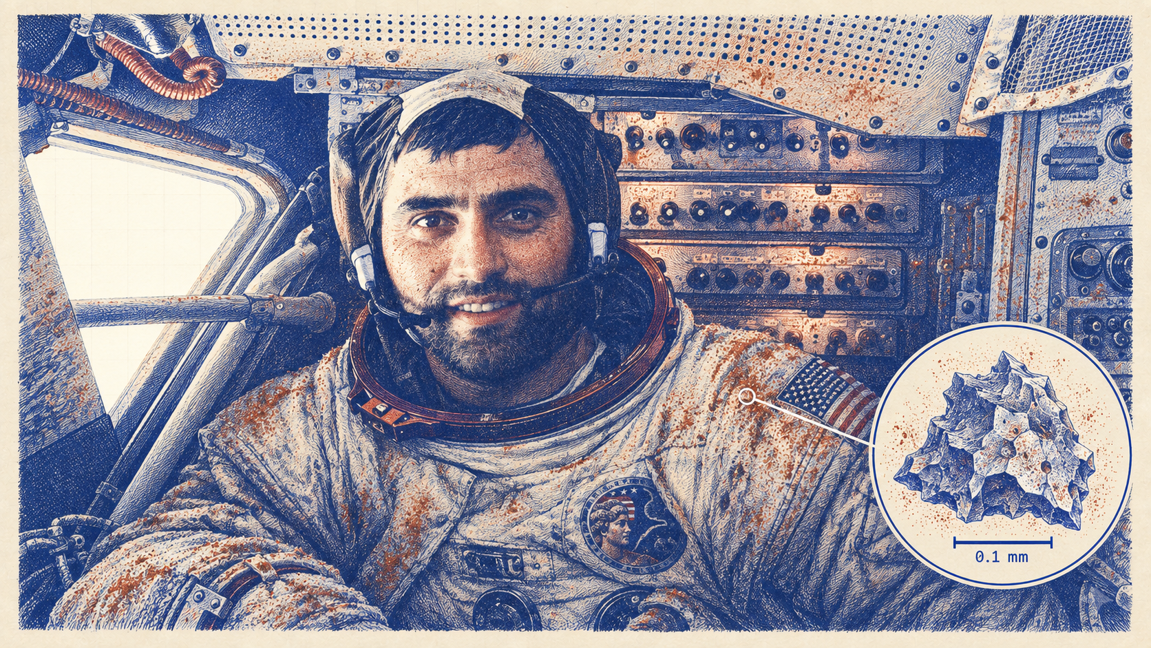 Harrison Schmitt inside the Apollo 17 lunar module, with the dust in rust. Drawn after a NASA photograph by Eugene Cernan. The dust grain is illustrative.